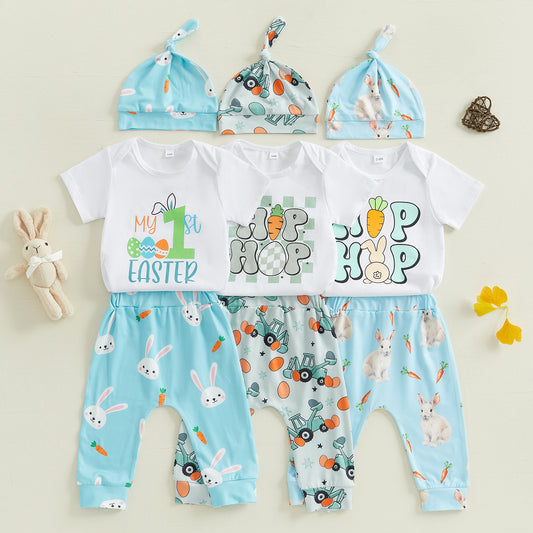 Rabbit-print Short-sleeve Romper Long Style Hat Three-piece Set
