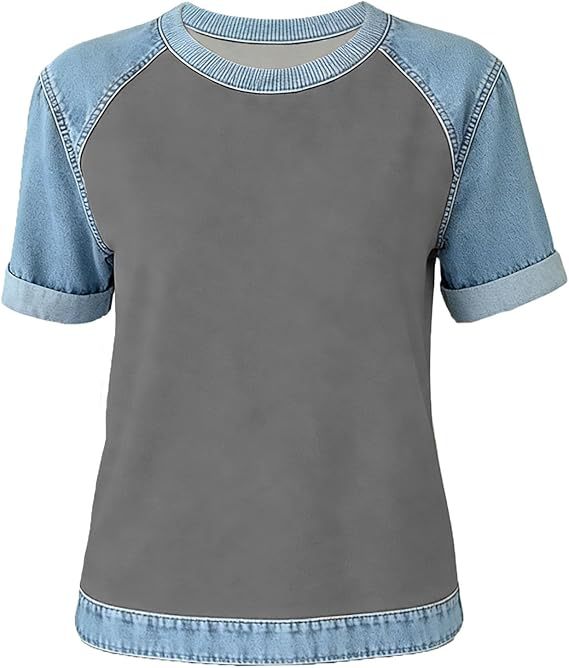 Denim Patchwork Crew Neck Short-sleeve Loose Casual Everyday Versatile