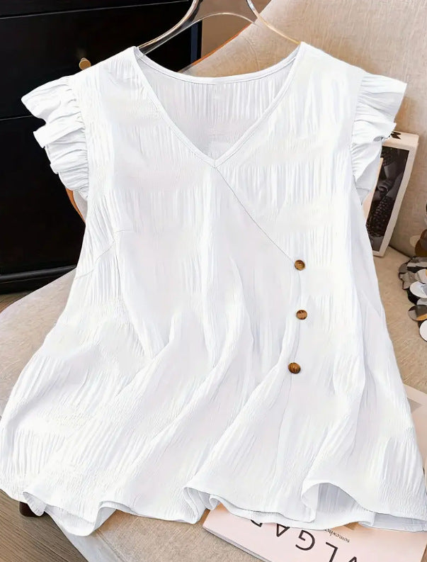 Solid-color Patchwork V-neck Ruffled Short-sleeve T-shirt For Women