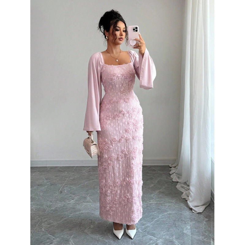 Fashionable And Elegant Floral-decorated Long-sleeve Dress With A Square Neckline And Flared Sleeves