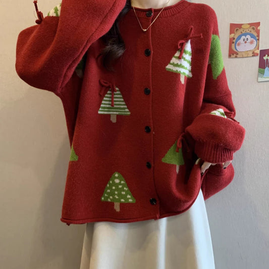 Women's Simple And Versatile Christmas Tree Red Sweater Coat