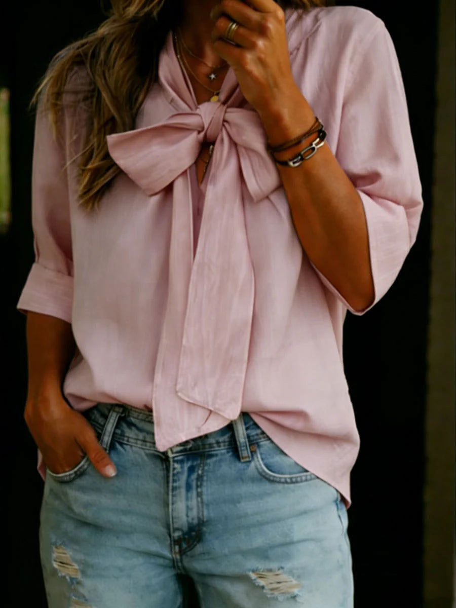 V-neck Bow-knot Loose-fit Three-quarter Sleeve Womens Top