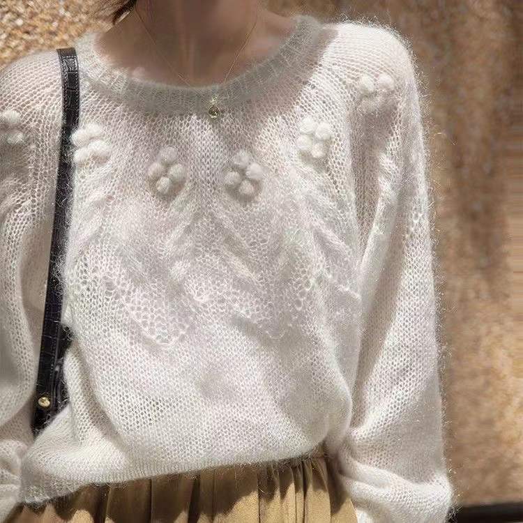 Retro High-grade White Mohair Sweater For Women