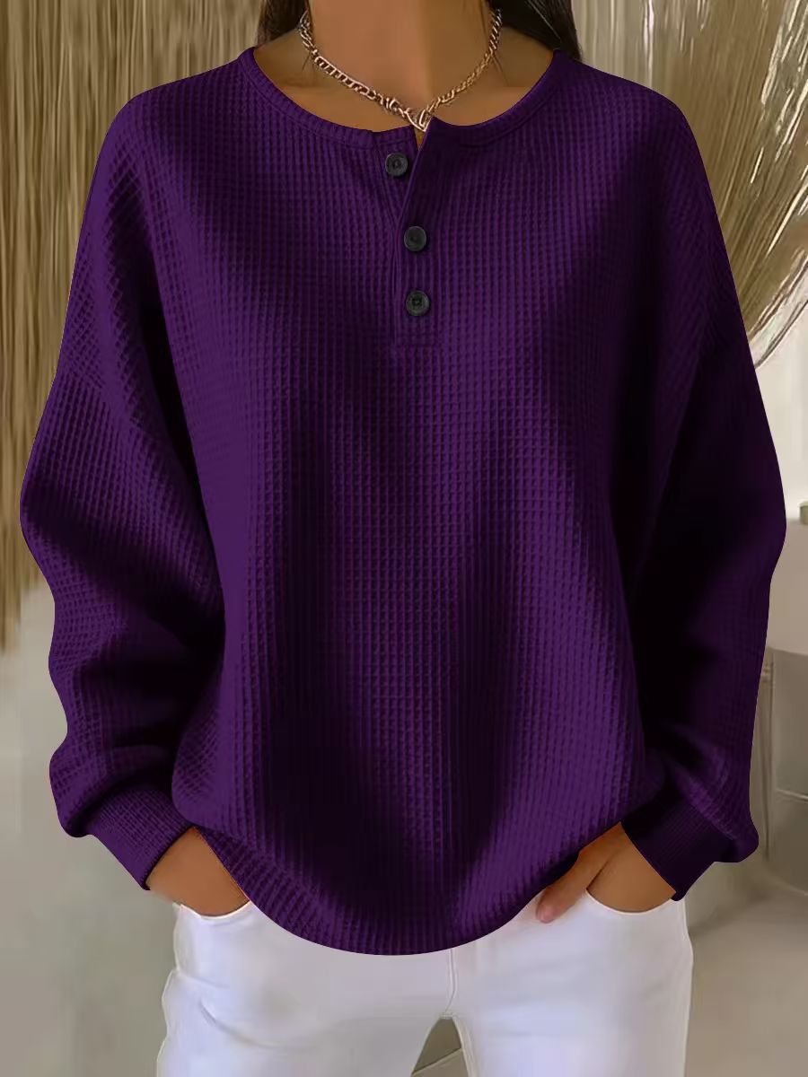 Ins Waffle Long-sleeved T-shirt Fashion Solid Color Buttons Round Neck Pullover Top Women's Clothing