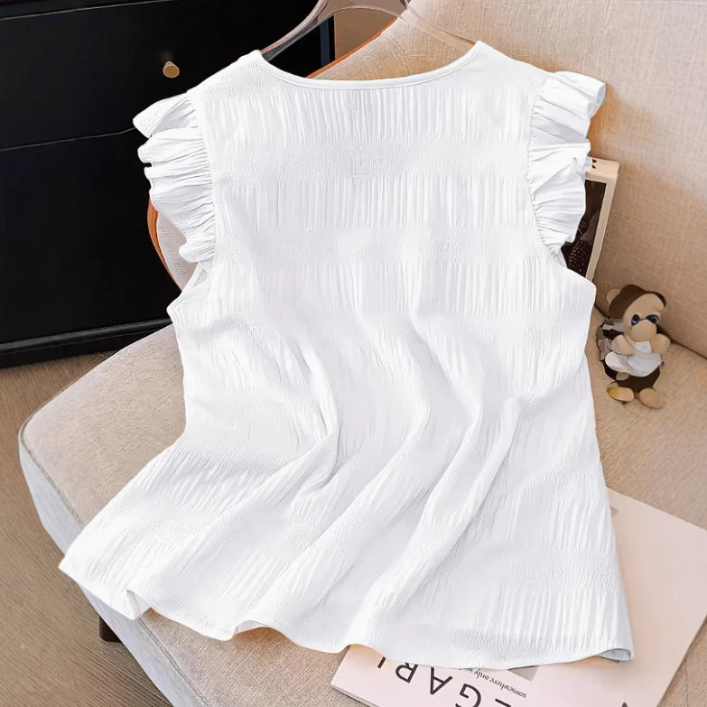 Solid-color Patchwork V-neck Ruffled Short-sleeve T-shirt For Women