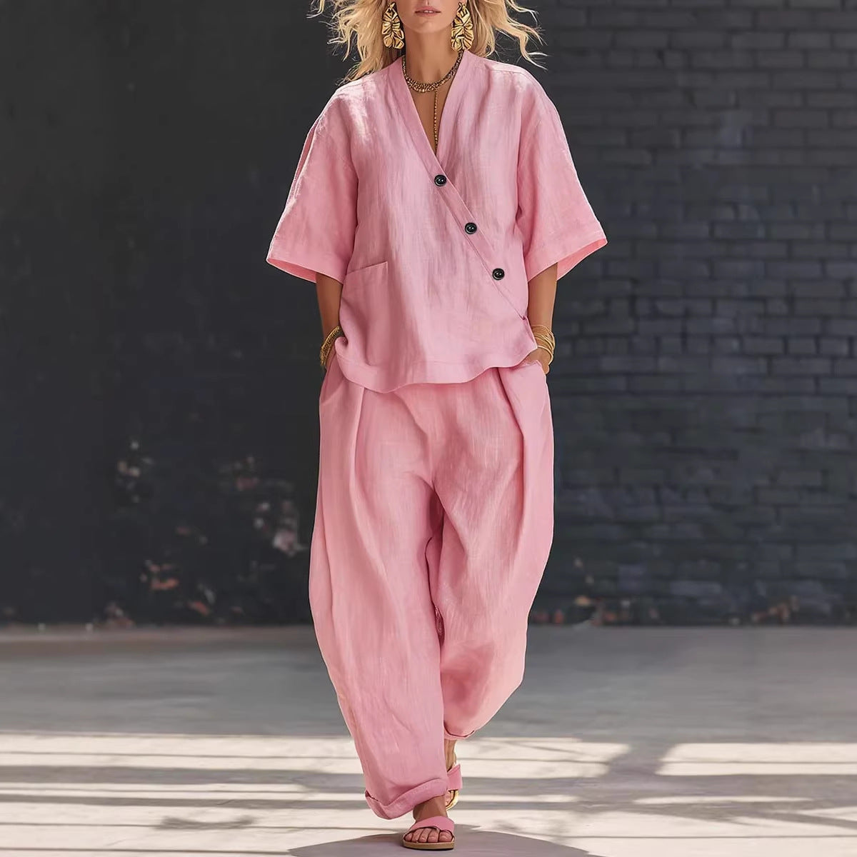 V-neck Loose-fit Short-sleeve Top And High-waist Trousers Two-piece Set