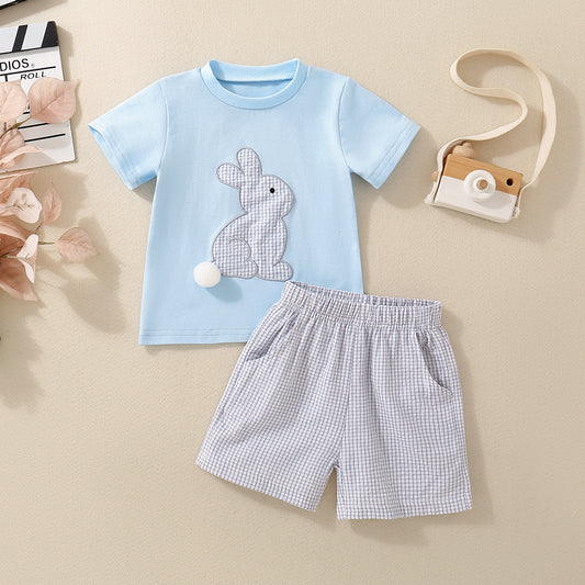 Infant And Toddler Blue Short-Sleeve Rabbit-Print Top And Shorts Set