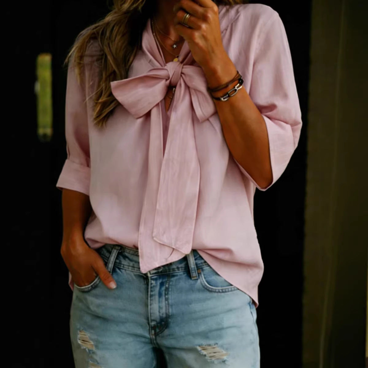 V-neck Bow-knot Loose-fit Three-quarter Sleeve Womens Top