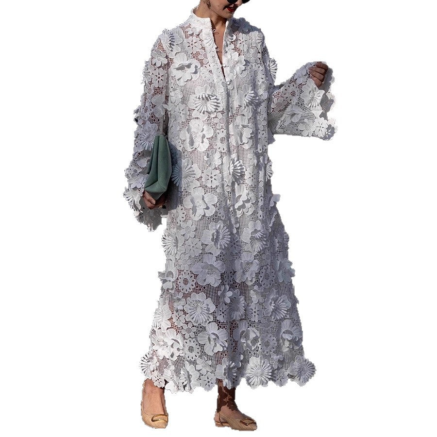 Women's Hollow-Out 3D Floral Round Neck Long Sleeve Dress