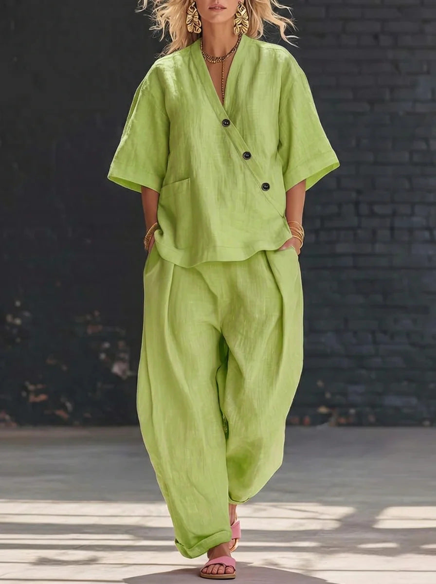 V-neck Loose-fit Short-sleeve Top And High-waist Trousers Two-piece Set