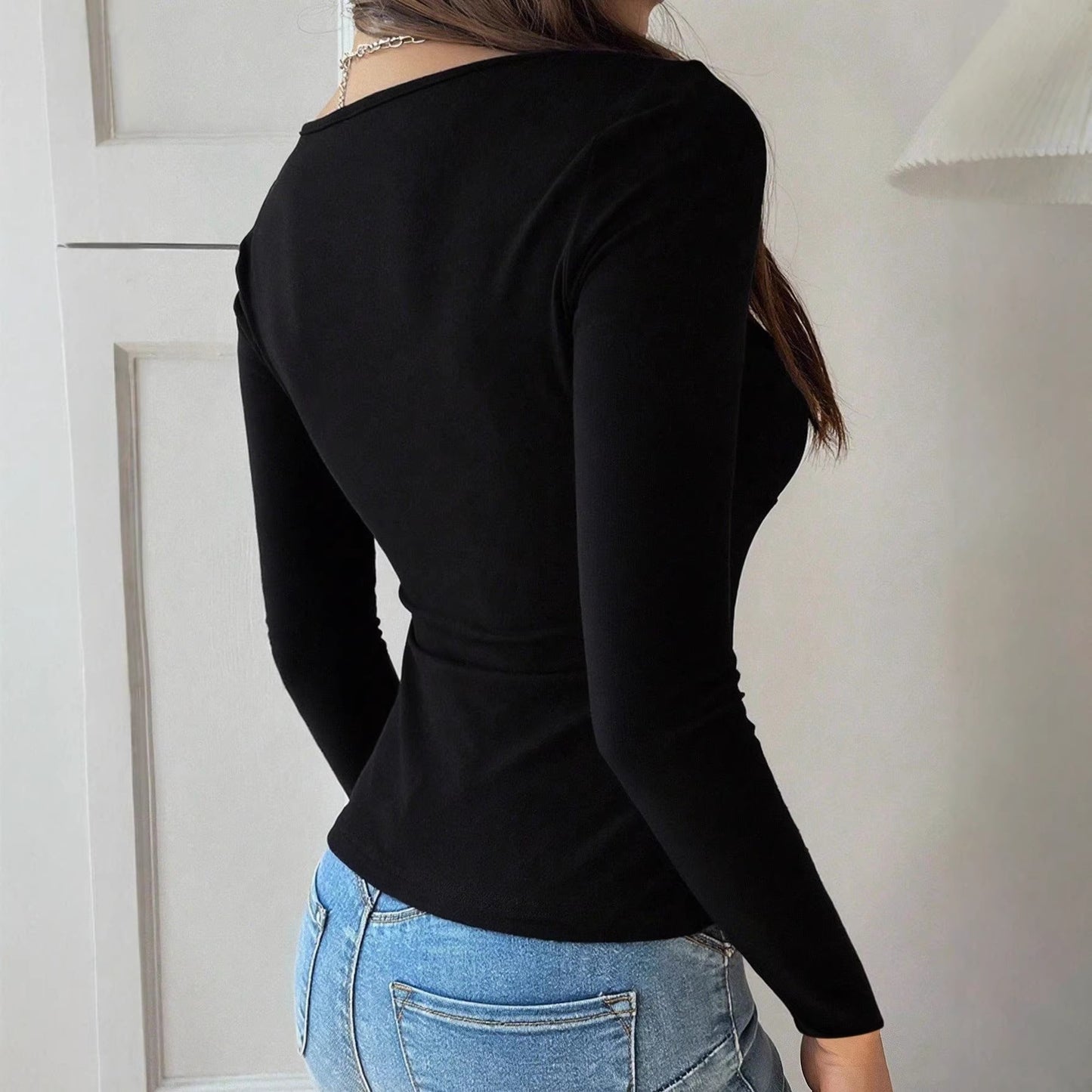 New Womens Solid-color Designer Long-sleeve Metallic T-shirt Top