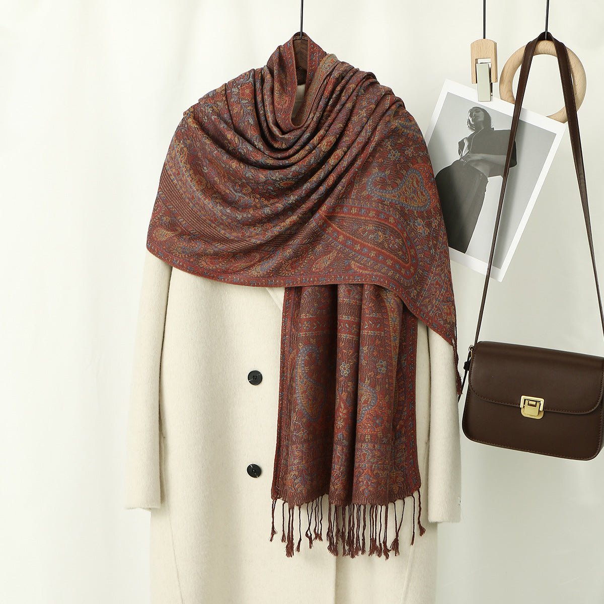 Cashew Printed Thick Jacquard Tassel Shawl For Women