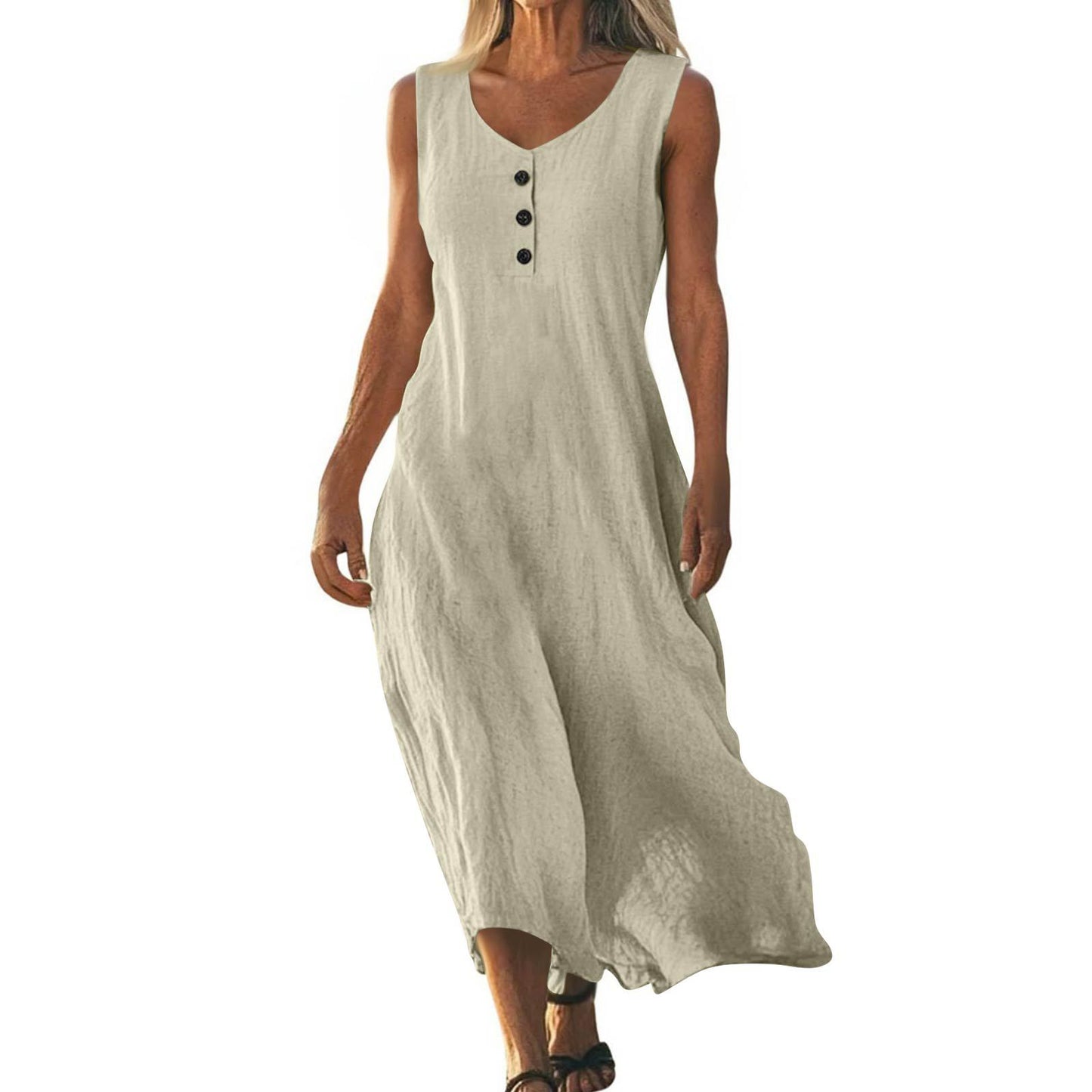 Solid-color Crewneck Sleeveless Asymmetrical Maxi Dress