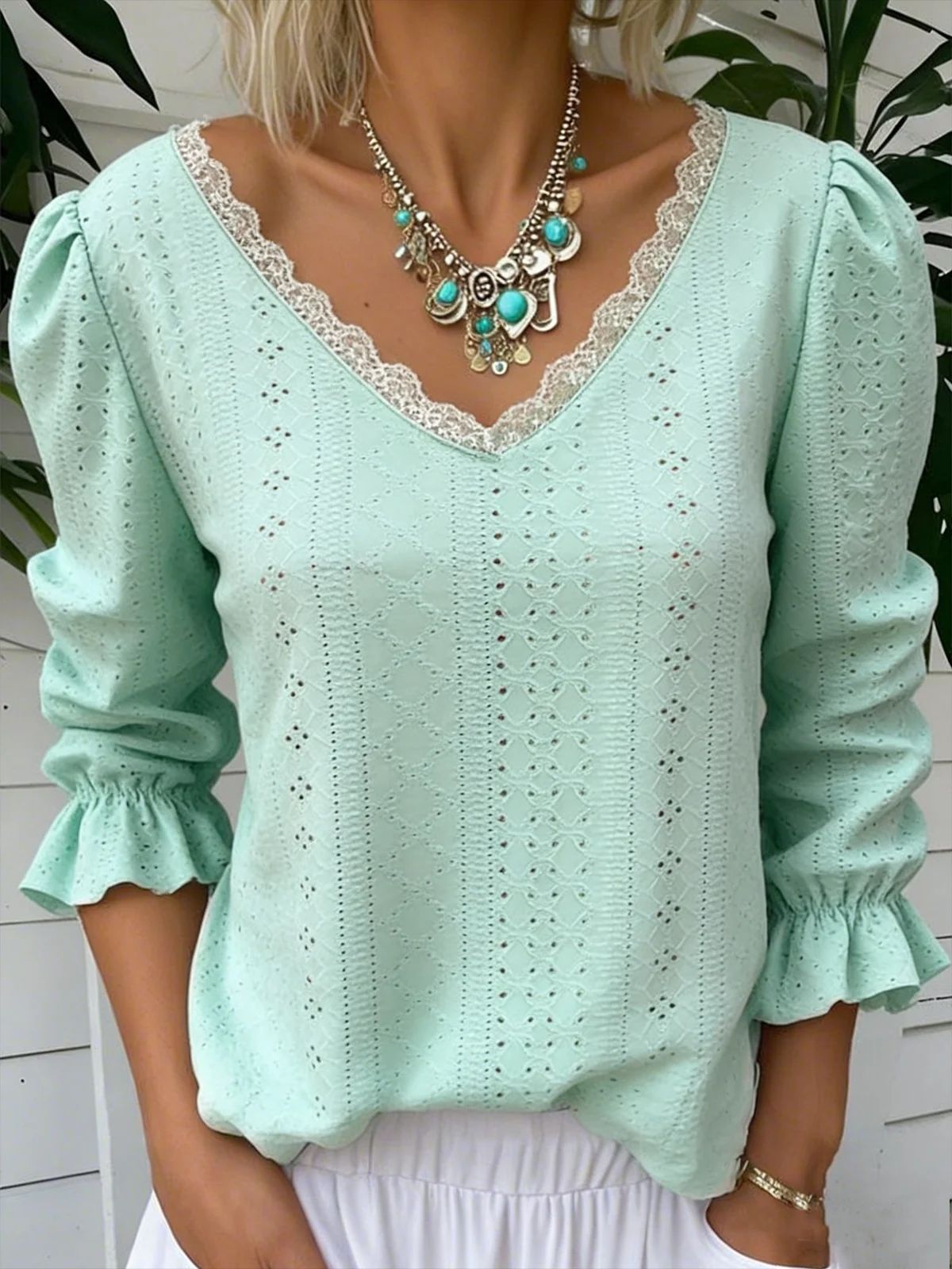 Spring Women's V Neck Hollowed Out Mid Sleeve Top For Women
