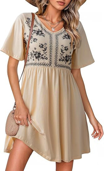 Casual Loose V-Neck Printed Defined-Waist Short-Sleeve Womens Dress