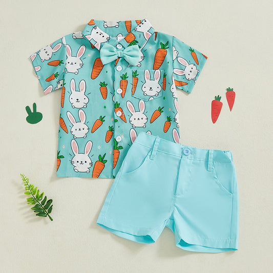Gentleman Rabbit Print Bow Tie Shirt And Short-Sleeve Shorts Two-Piece Set