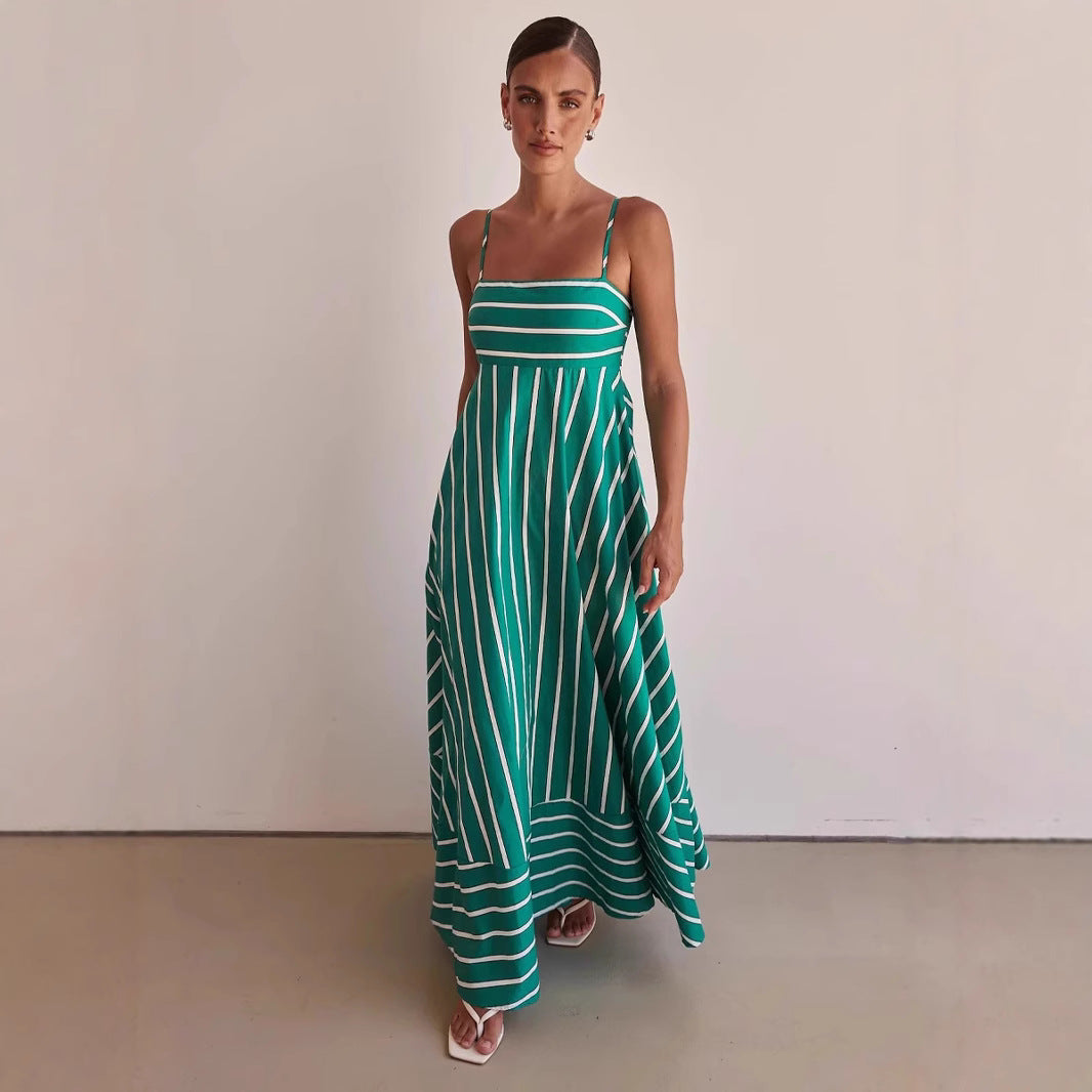 Womens Fashionable Simple Striped Strap Backless Maxi Dress