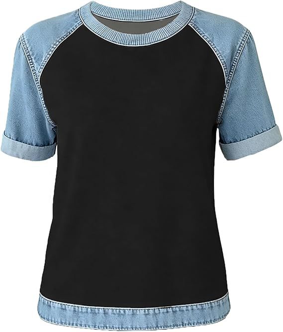 Denim Patchwork Crew Neck Short-sleeve Loose Casual Everyday Versatile