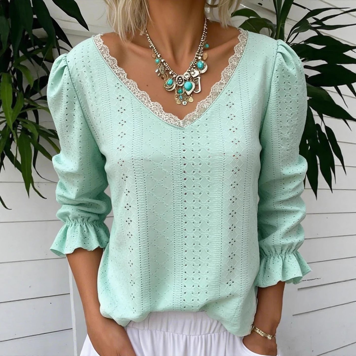 Spring Women's V Neck Hollowed Out Mid Sleeve Top For Women