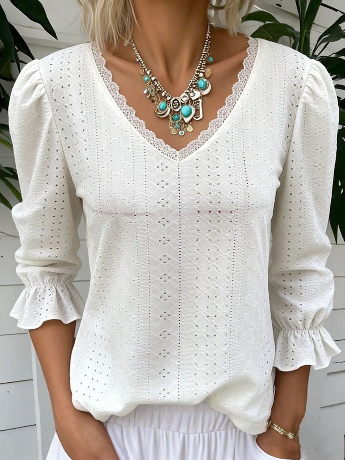 Spring Women's V Neck Hollowed Out Mid Sleeve Top For Women