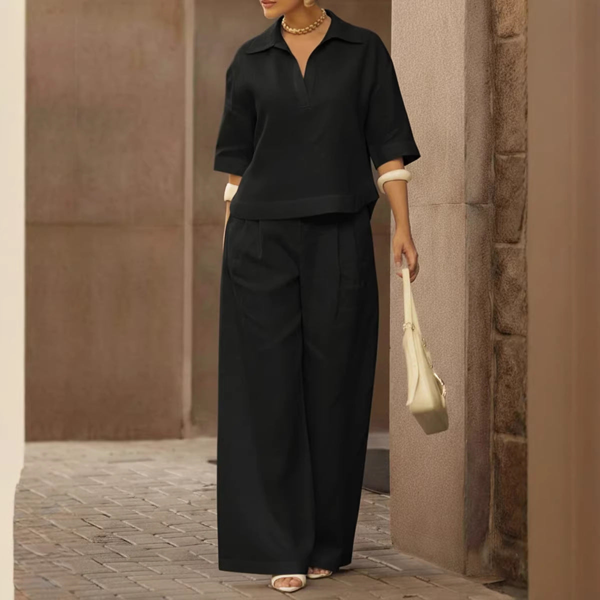 Solid-color Slimming Versatile Wide-leg Pants Two-piece Set