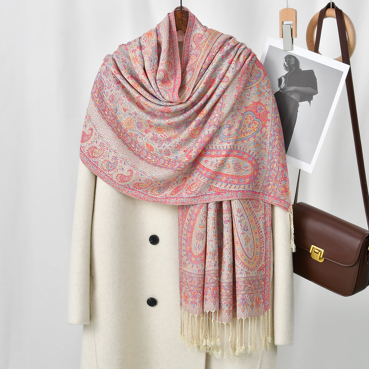 Cashew Printed Thick Jacquard Tassel Shawl For Women