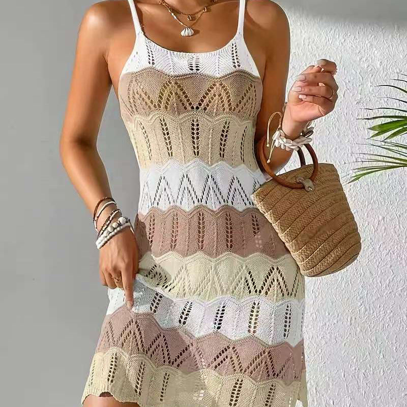 Women's Color-Block Sexy Knitted Beach Dress
