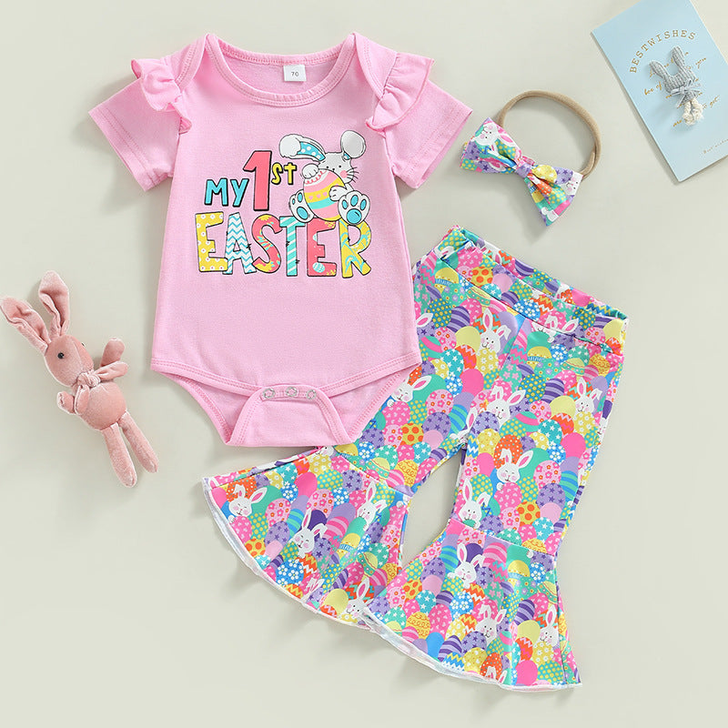 Short-sleeve Romper Bunny-print Flared Pants And A Bow Tiethree-piece Set