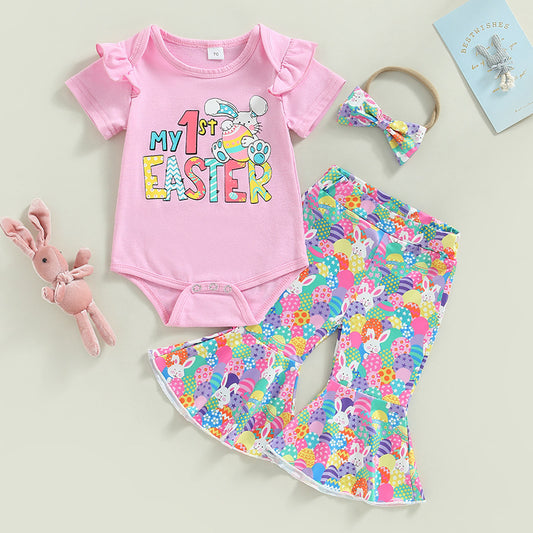 Short-sleeve Romper Bunny-print Flared Pants And A Bow Tiethree-piece Set