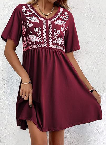 Casual Loose V-Neck Printed Defined-Waist Short-Sleeve Womens Dress