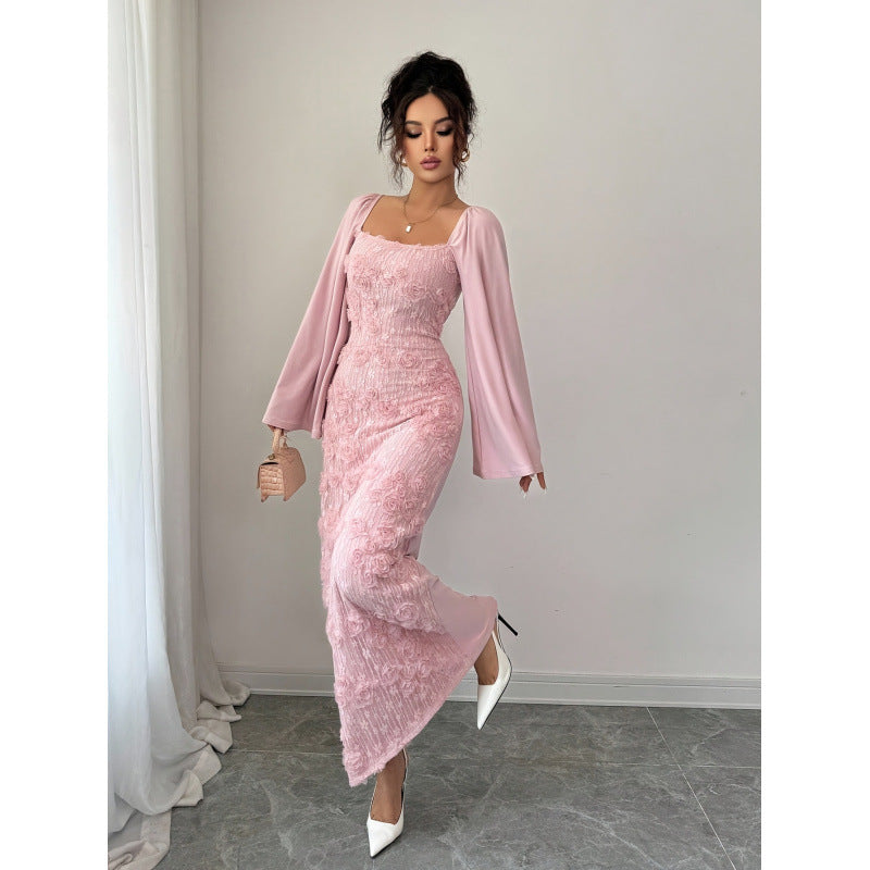 Fashionable And Elegant Floral-decorated Long-sleeve Dress With A Square Neckline And Flared Sleeves