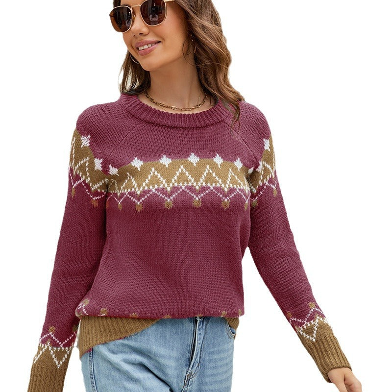 Wishebay Autumn And Winter Leisure Loose Mohair Sweater Round Neck Pullover Jacquard Women's