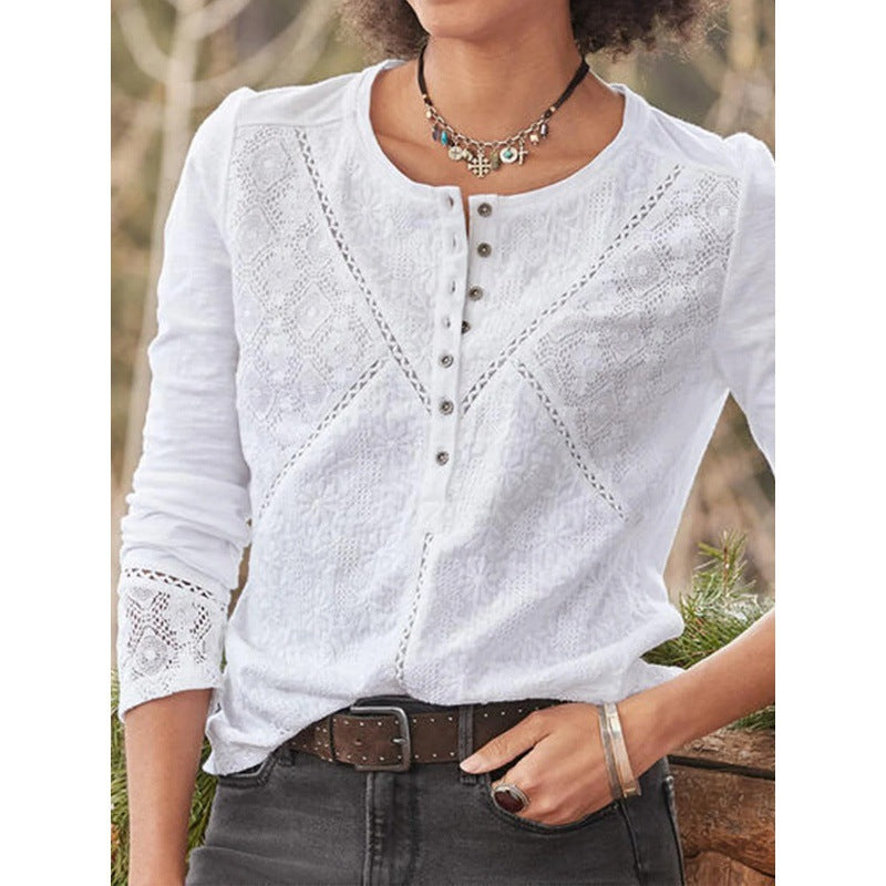 Womens Fashion Hollow-Out Elegant Cotton Lace Crew-Neck Top