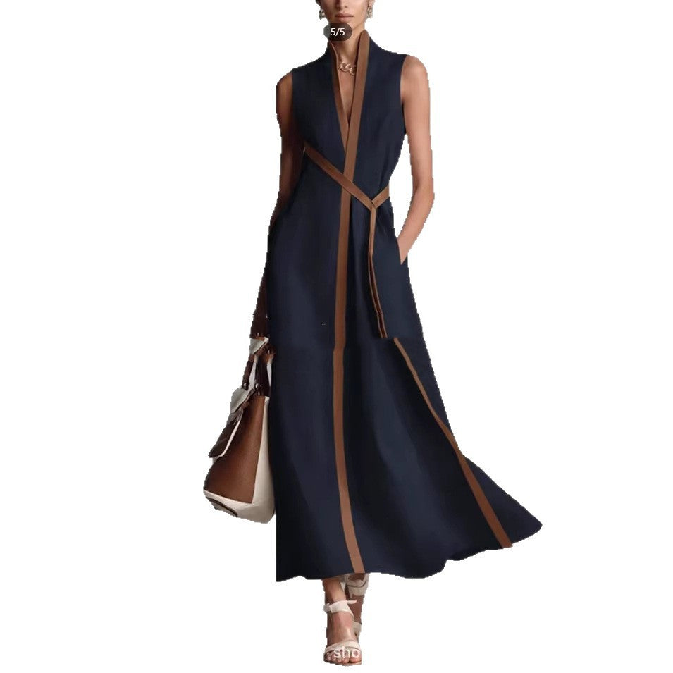 Stand-up Collar Sleeveless Casual Contrast-color Loose Dress