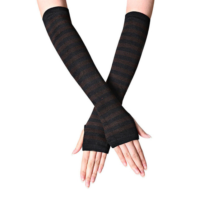 Women Fashion Lady Striped Elbow Gloves Warmer Knitted Long