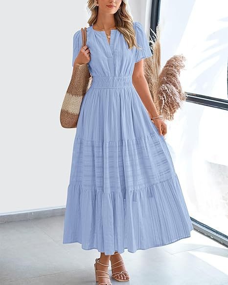 Vneck Pleated Puff Sleeve Layered Maxi Dress For Women