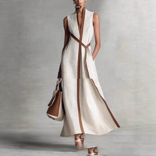 Stand-up Collar Sleeveless Casual Contrast-color Loose Dress
