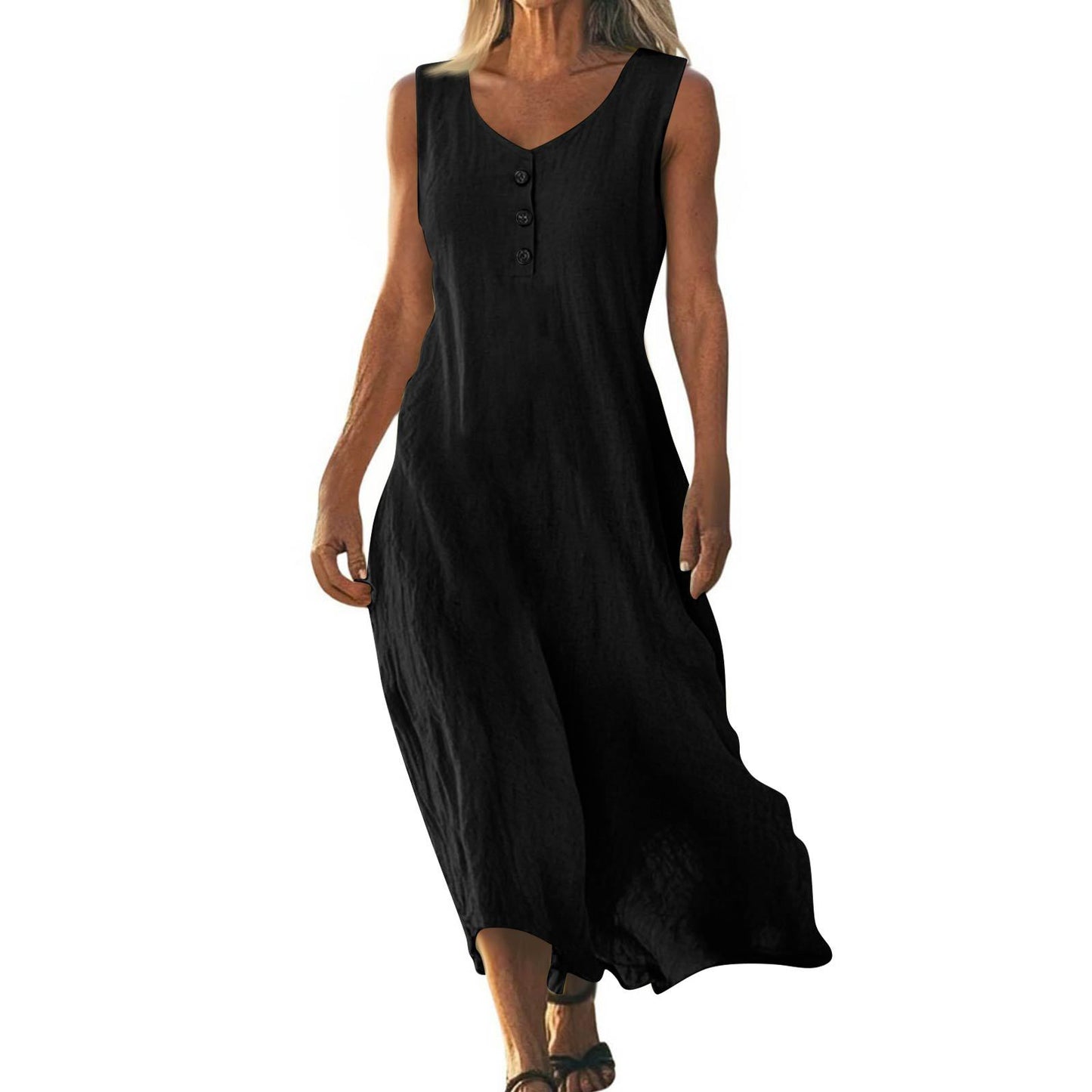 Solid-color Crewneck Sleeveless Asymmetrical Maxi Dress
