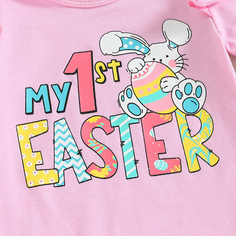Short-sleeve Romper Bunny-print Flared Pants And A Bow Tiethree-piece Set