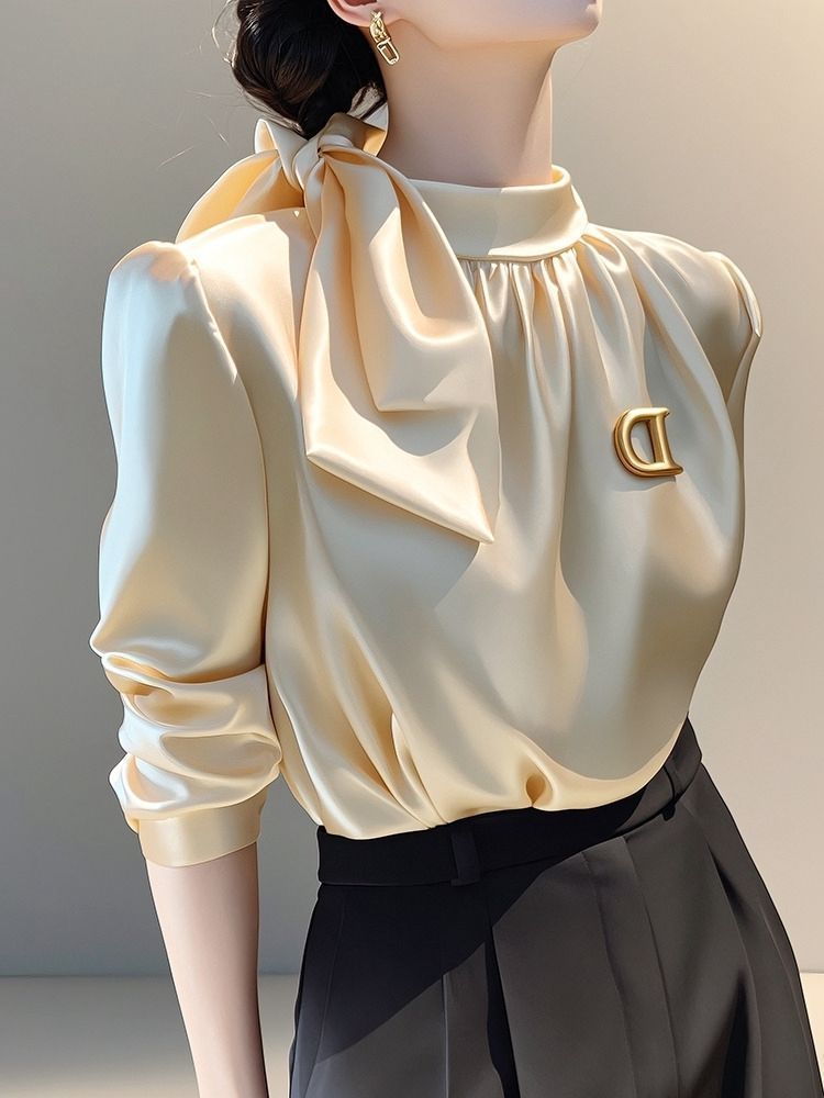 Champagne Satin Long-sleeve Shirt With A Bow-tie Tie-up Top